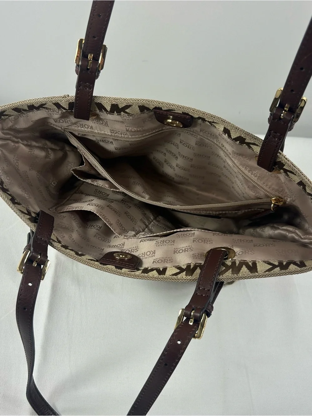 Michael Kors Jet Set Signature Jacquard Medium Tote Bag Tan 38T2XTTT2J EUC